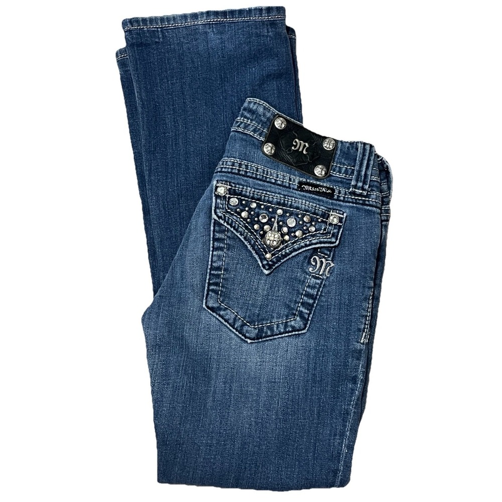 Miss Me Signature Boot Cut Denim Blue Jeans Womens 27 Thick Stitch Sequins Bling
